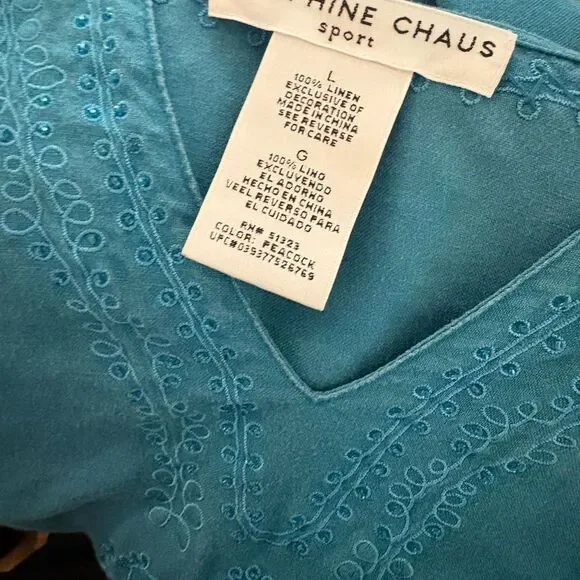 Coldwater Creek Linen Deep Teal Floral Tunic V-Neck Embroidered - Picture 5 of 5